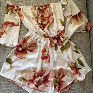 Off-Shoulder Floral Romper in White and Coral